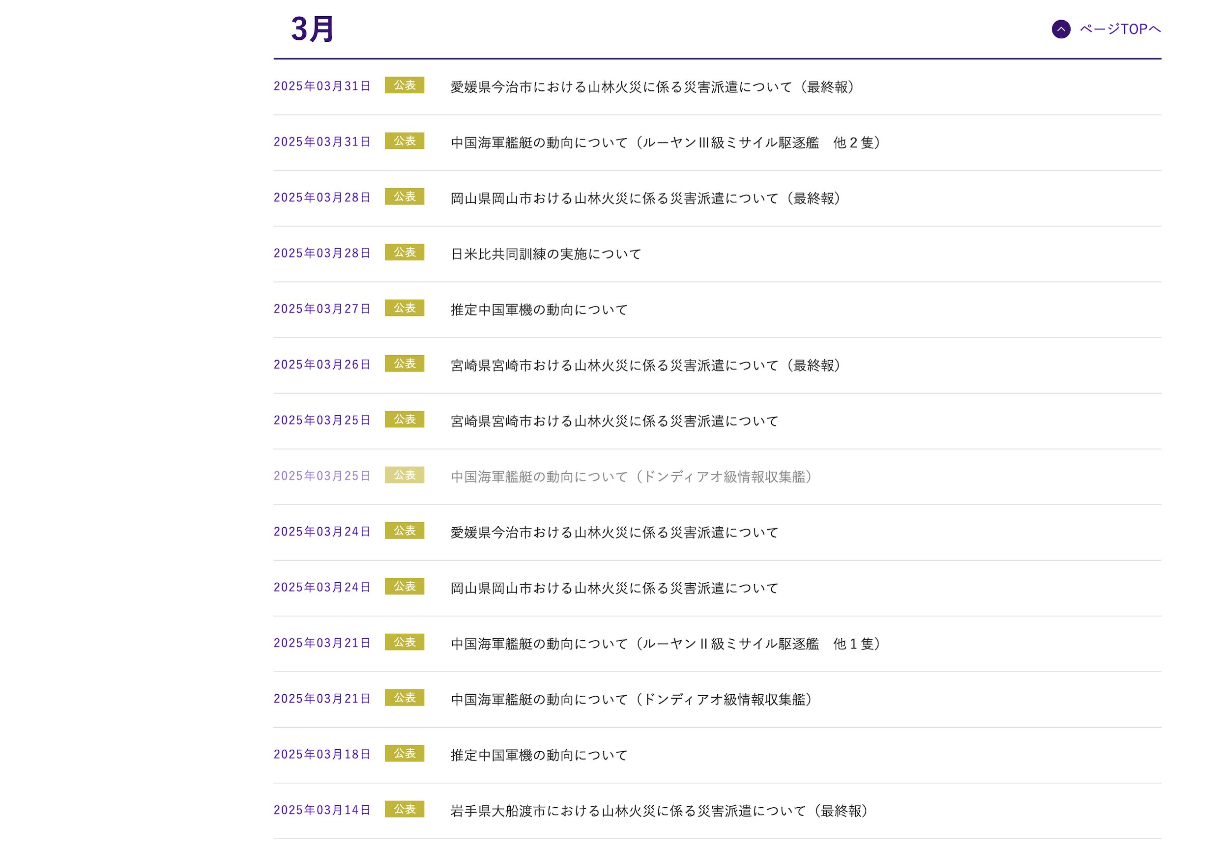 統合幕僚監部の災害派遣情報