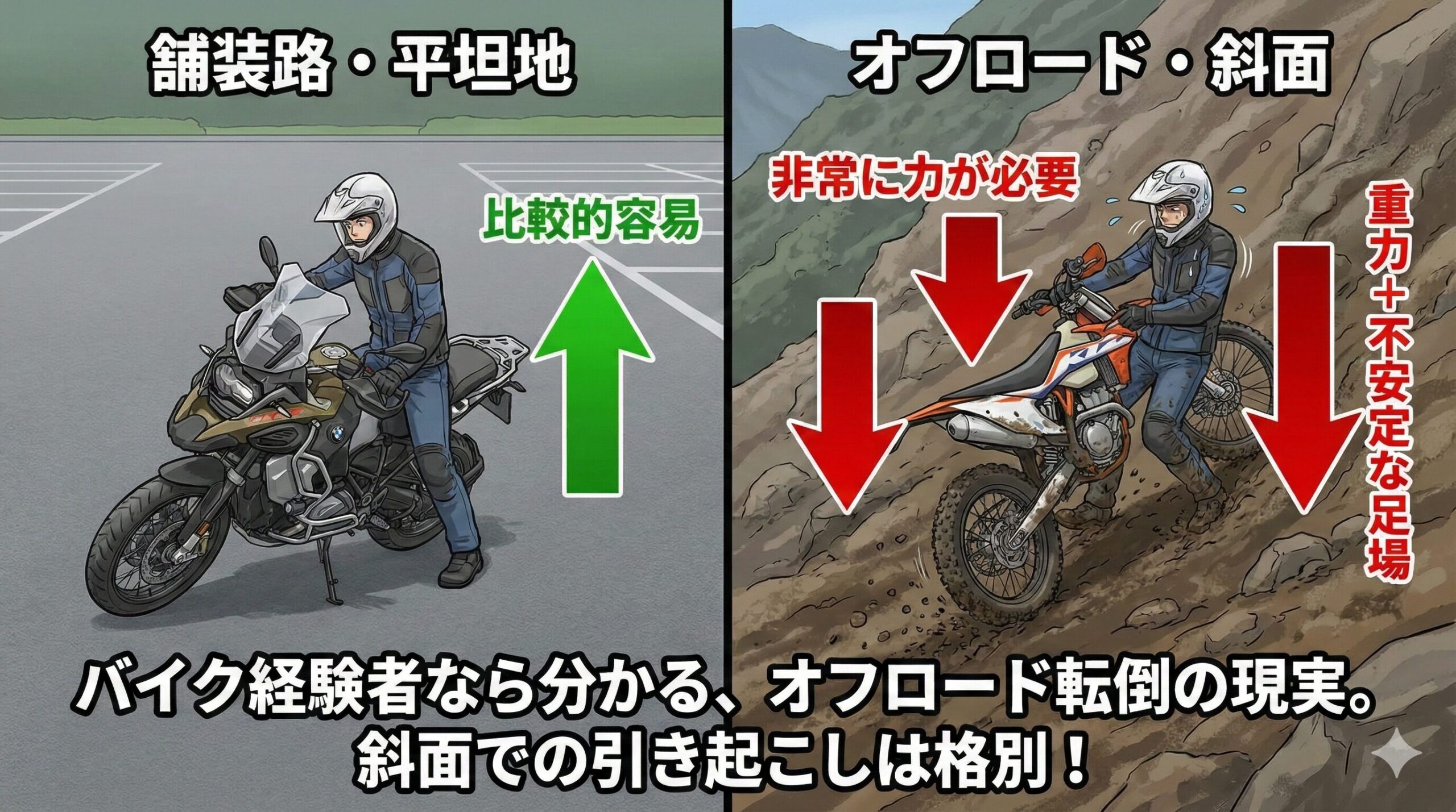 オフロードでの引き起こし